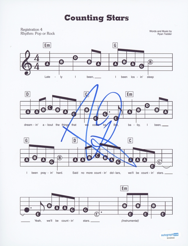Item # 181085 - Ryan Tedder "OneRepublic" AUTOGRAPH Signed 'Counting Stars' Sheet Music